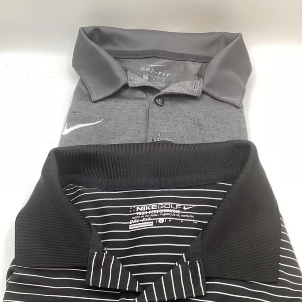 Two Nike Shirts Dry Fit Mens Small Black & White Stripe, Dark Gray Solid Vietnam
